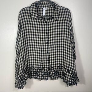 Plus Size Plaid Button Up Shirt with Floral Lace Embroidery Detail